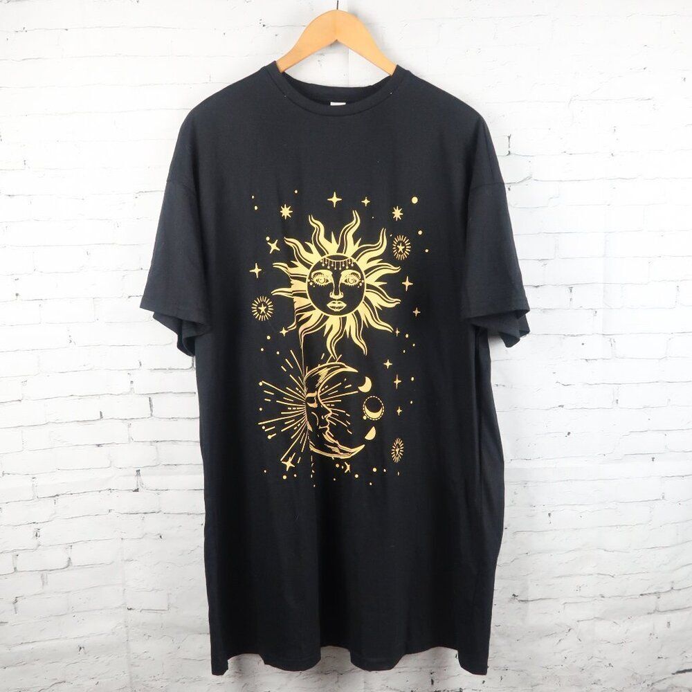 SOLY HUX BLACK WITH SUN & MOON IN GOLD DESIGN SHORT SLEEVE SLEEP DRESS
